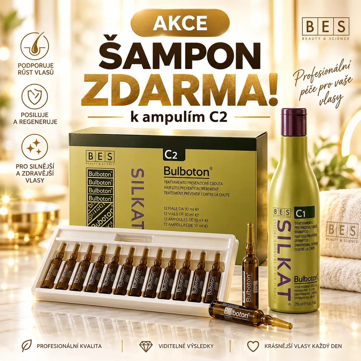 BES Silkat Bulboton C2 ampule proti padání vlasů a šampon C1 zdarma